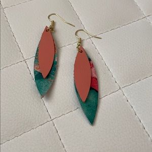 Coral / Teal teardrop leather earrings